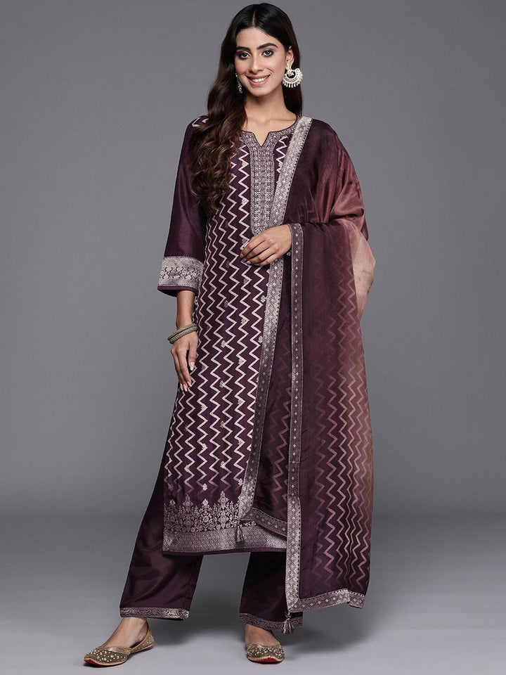 Wine Printed Silk Blend Straight Suit With Dupatta - Libas