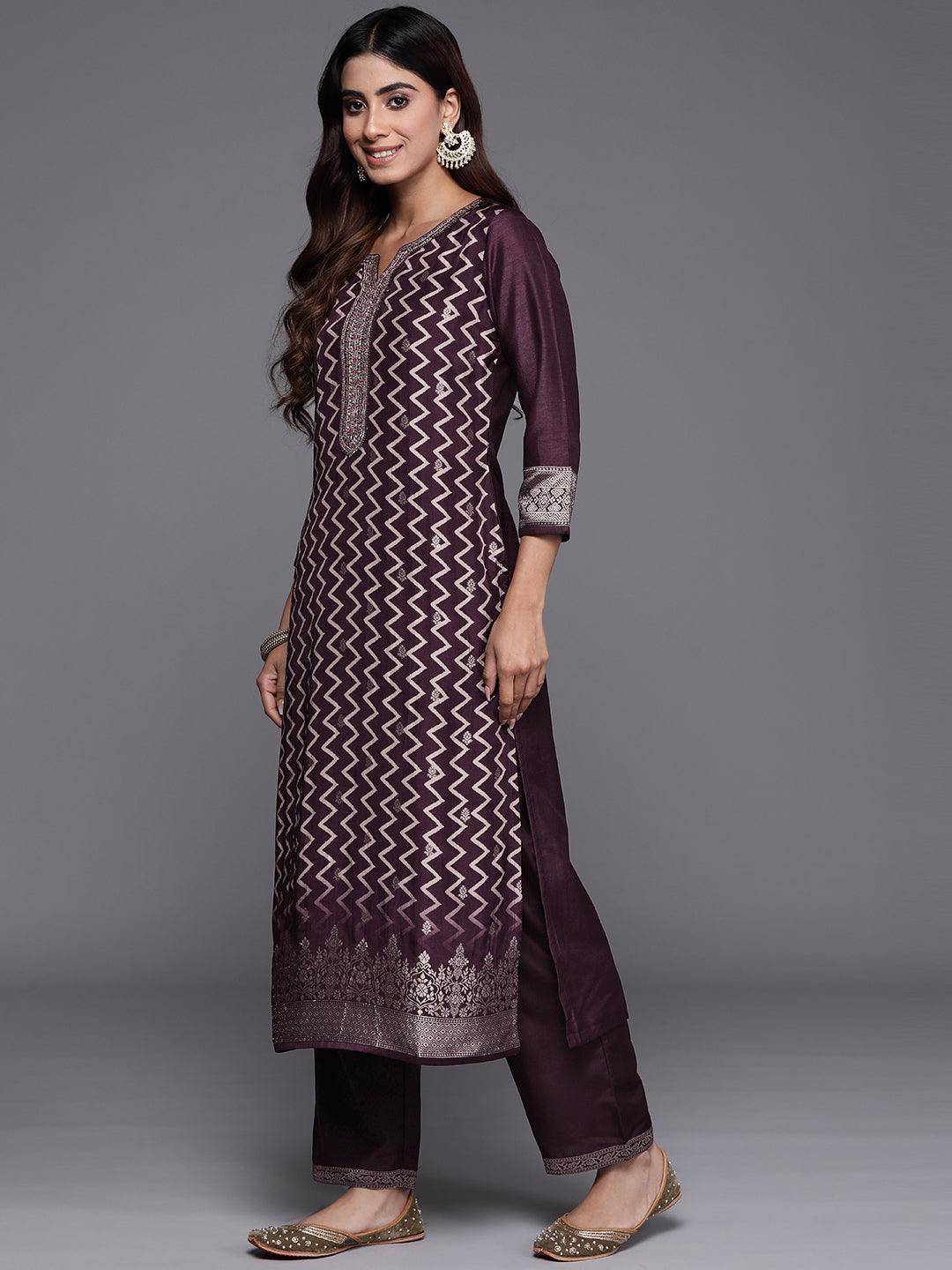 Wine Printed Silk Blend Straight Suit With Dupatta - Libas