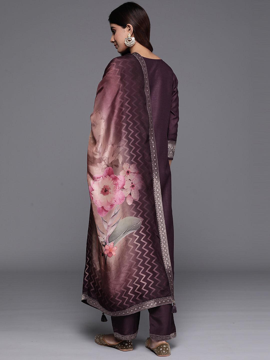 Wine Printed Silk Blend Straight Suit With Dupatta