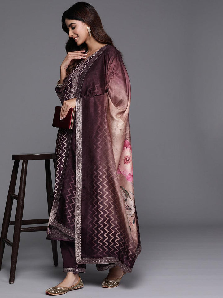 Wine Printed Silk Blend Straight Suit With Dupatta - Libas