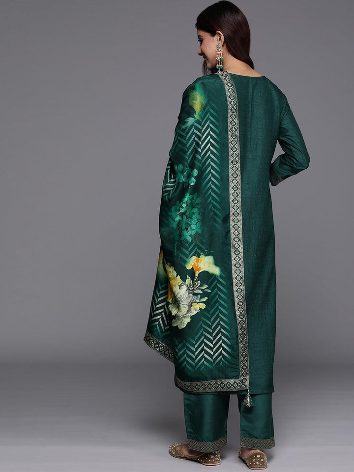 Green Printed Silk Blend Straight Suit With Dupatta - Libas