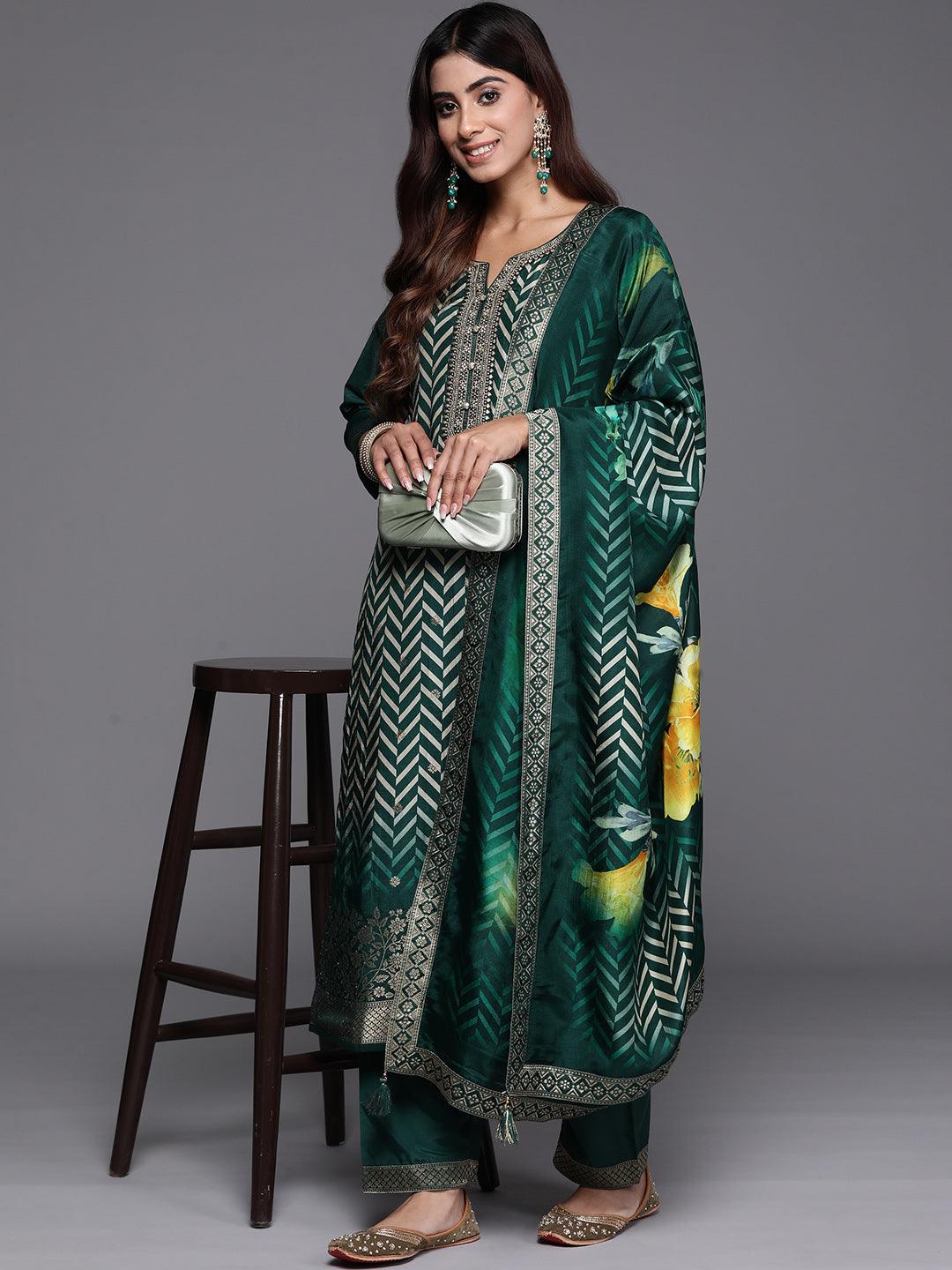 Green Printed Silk Blend Straight Suit With Dupatta - Libas