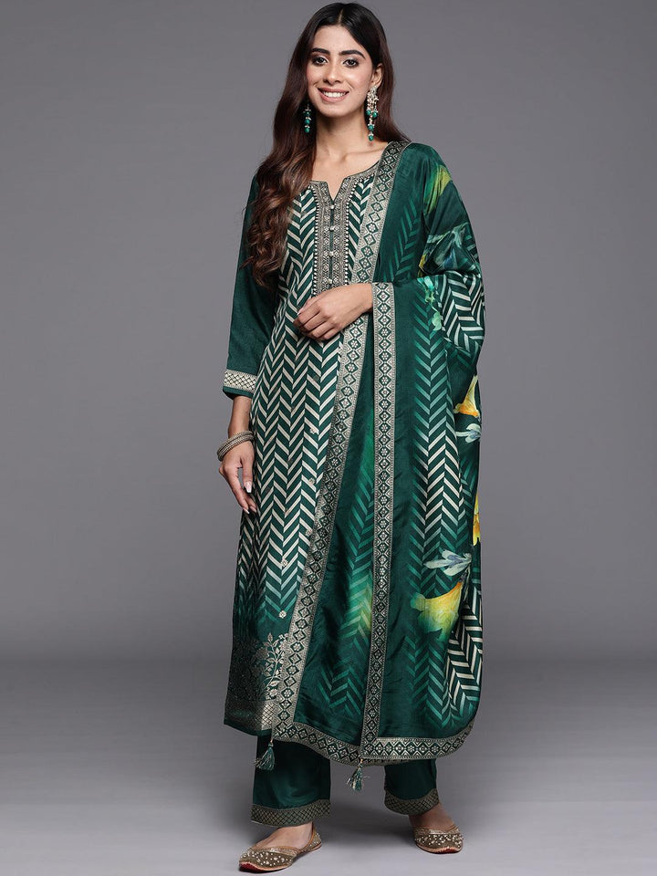 Green Printed Silk Blend Straight Suit With Dupatta - Libas