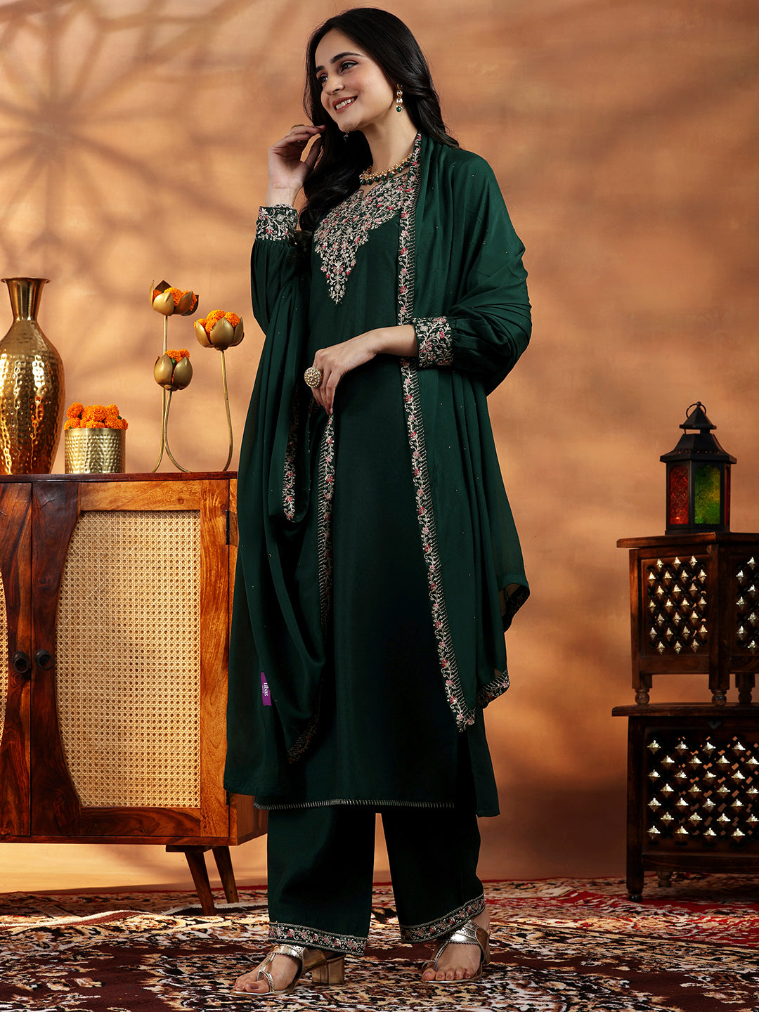 Green Yoke Design Silk Blend Straight Suit With Dupatta