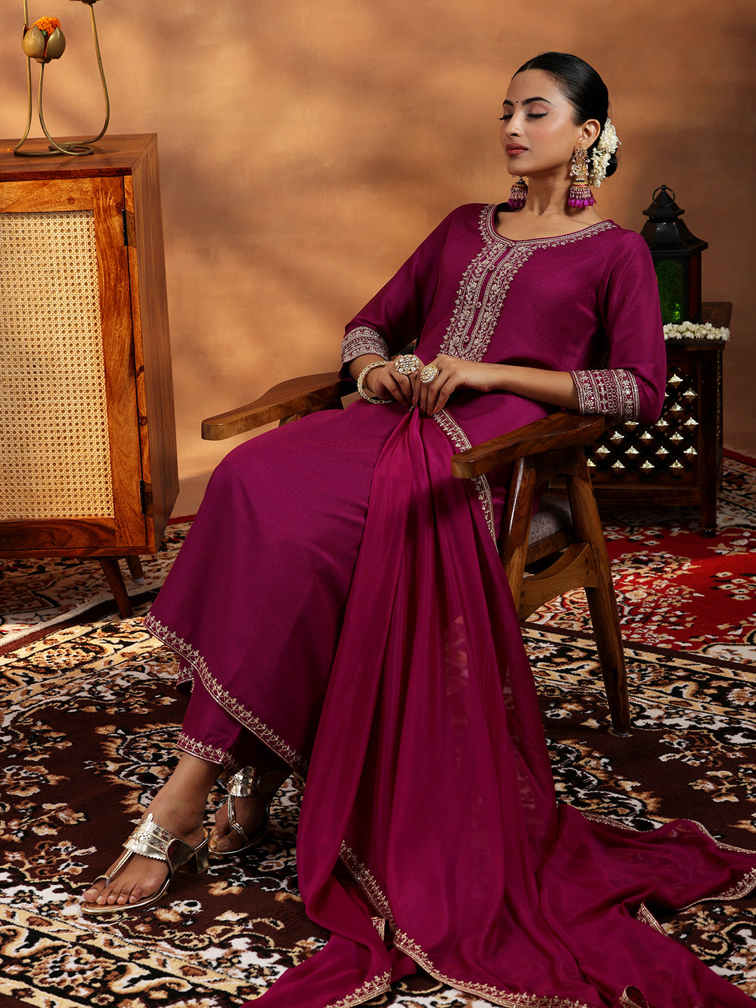  Maroon Yoke Design Silk Blend A-Line Kurta With Trousers & Dupatta 