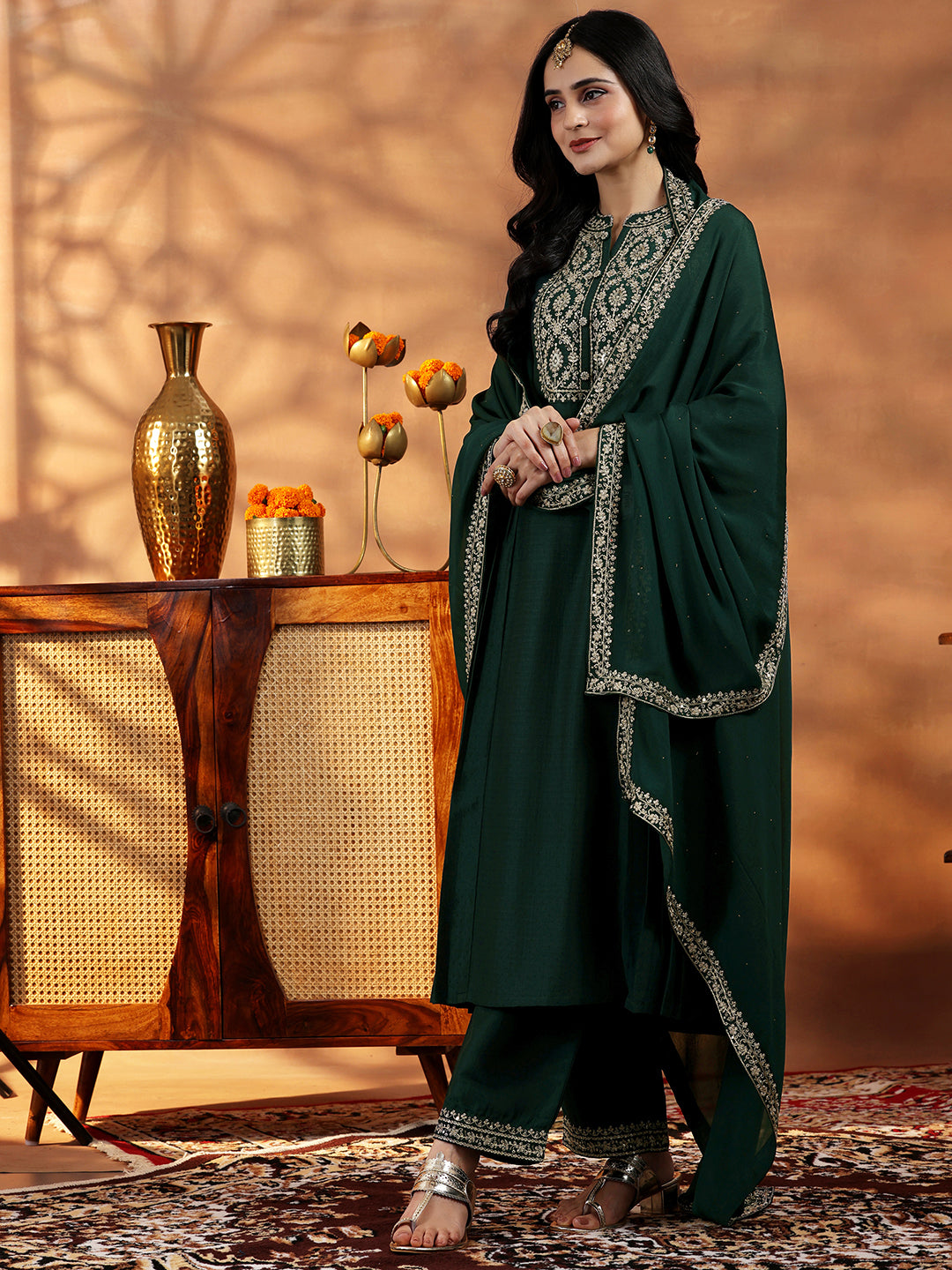 Green Yoke Design Silk Blend A-Line Kurta With Palazzos & Dupatta