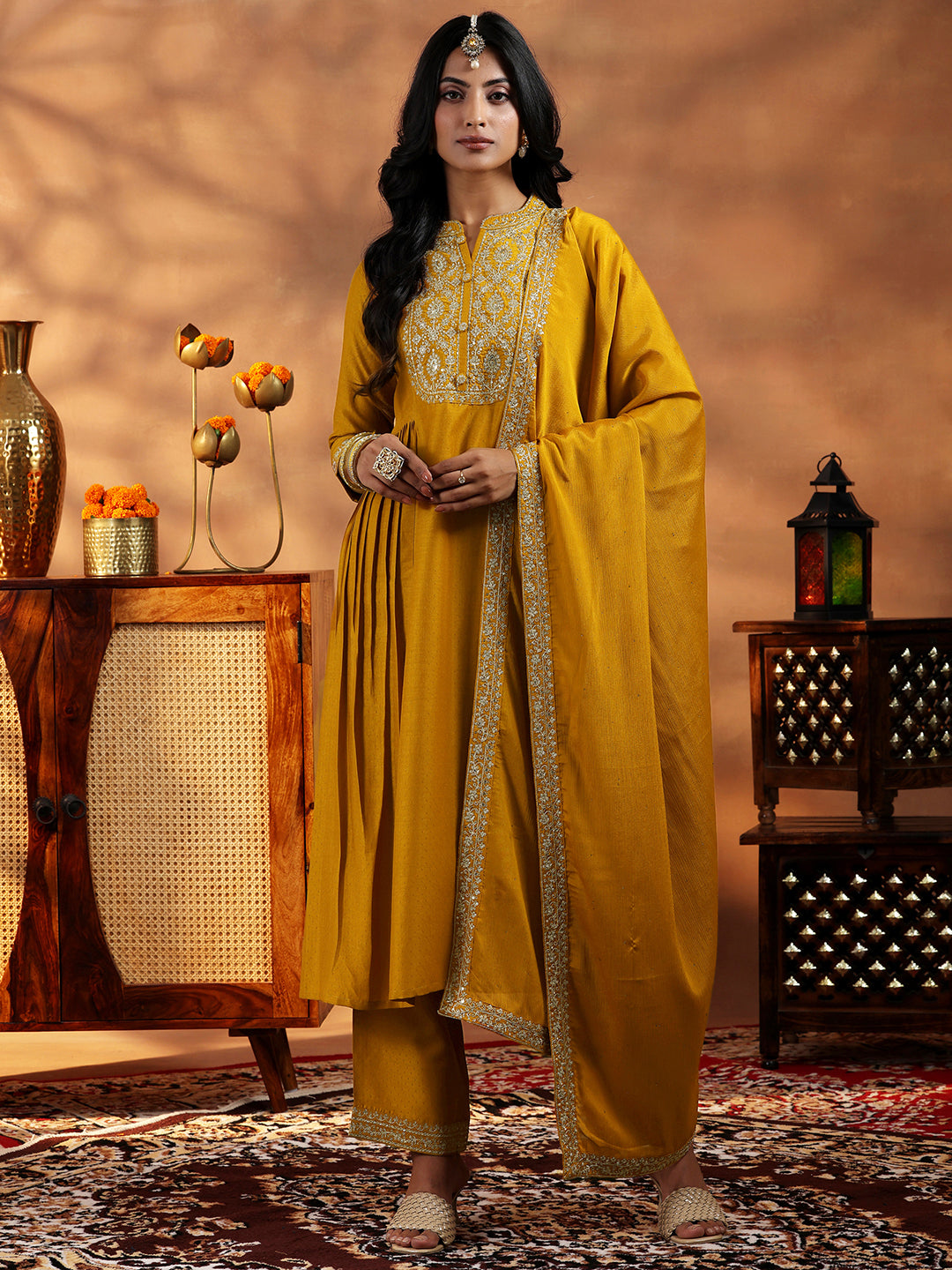  Mustard Yoke Design Silk Blend A-Line Kurta With Palazzos & Dupatta 