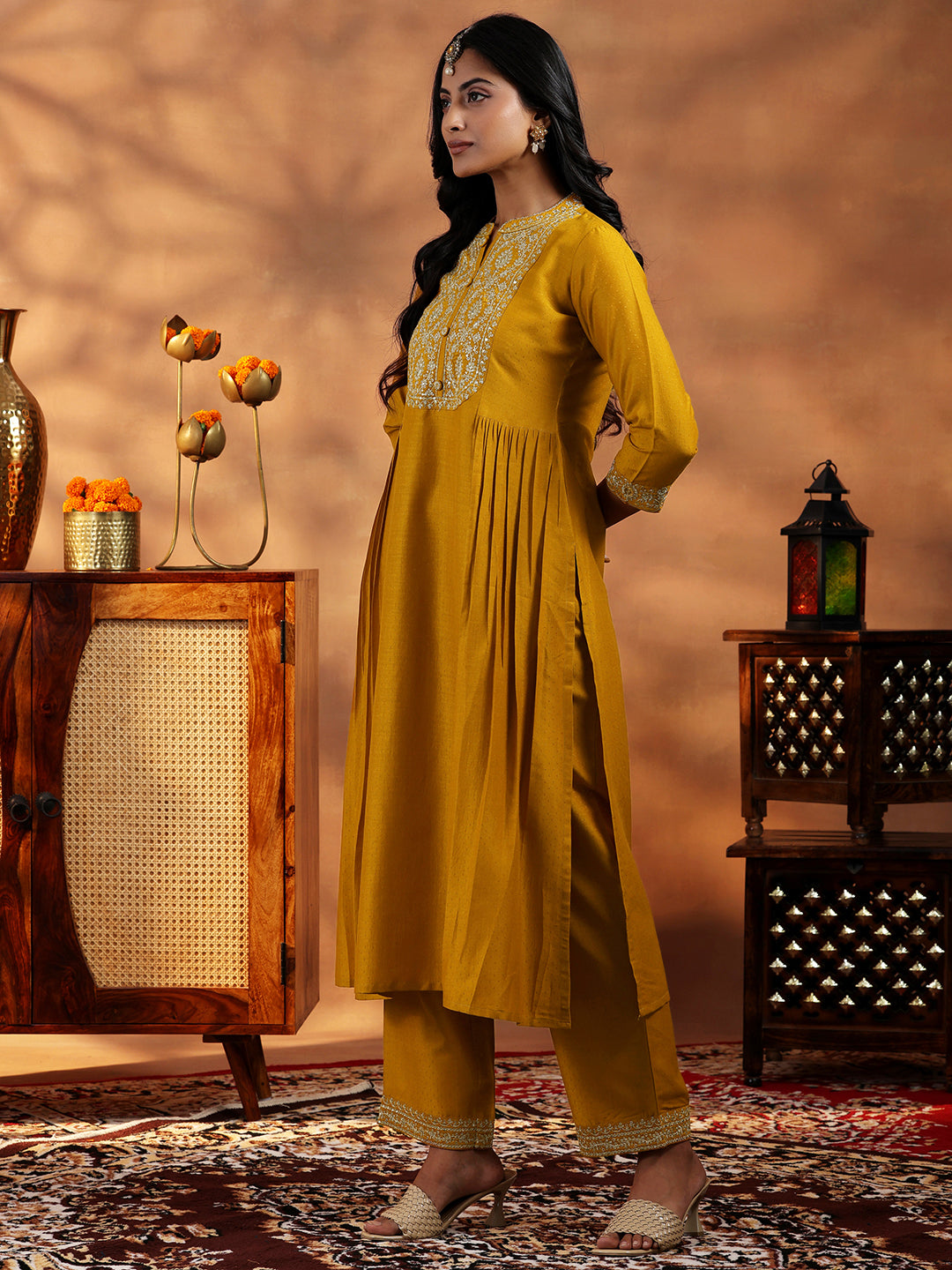  Mustard Yoke Design Silk Blend A-Line Kurta With Palazzos & Dupatta 