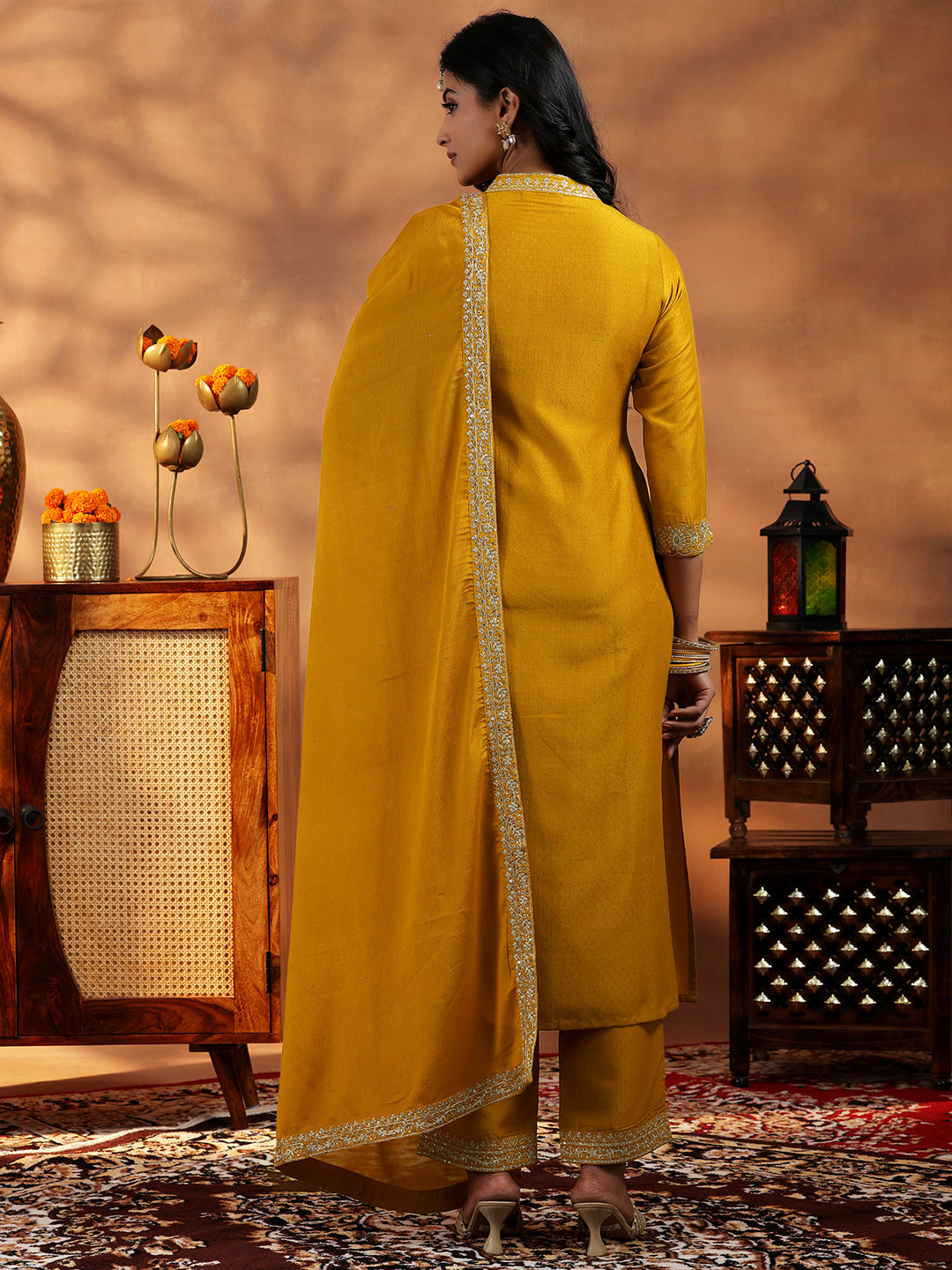  Mustard Yoke Design Silk Blend A-Line Kurta With Palazzos & Dupatta 