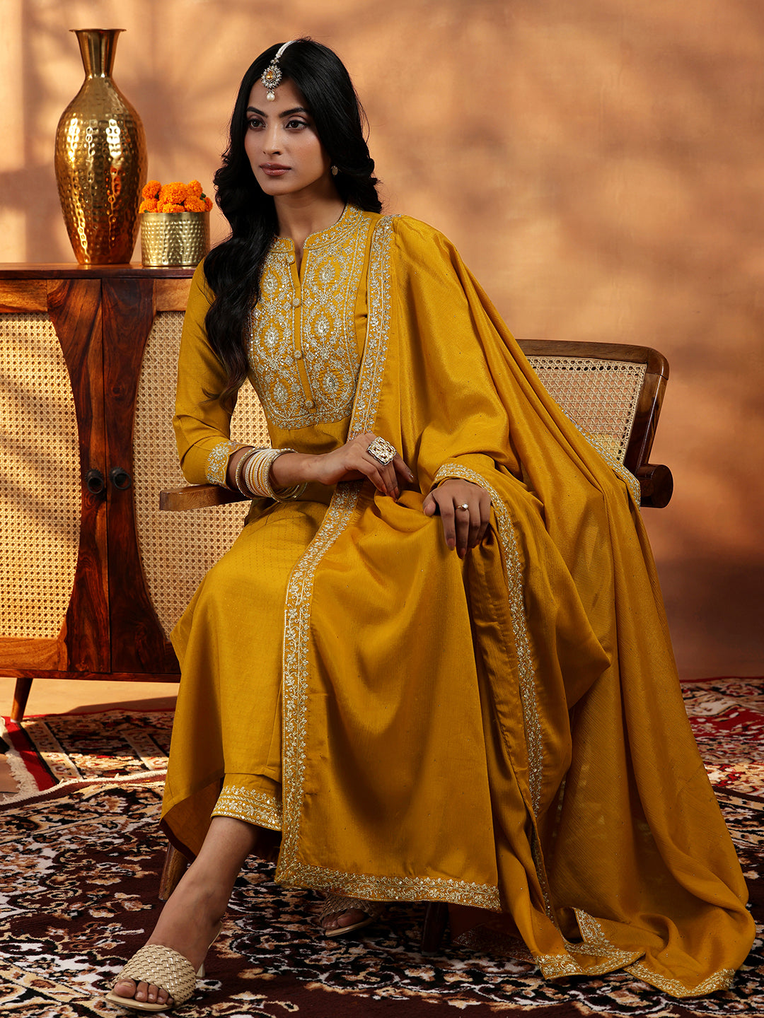  Mustard Yoke Design Silk Blend A-Line Kurta With Palazzos & Dupatta 