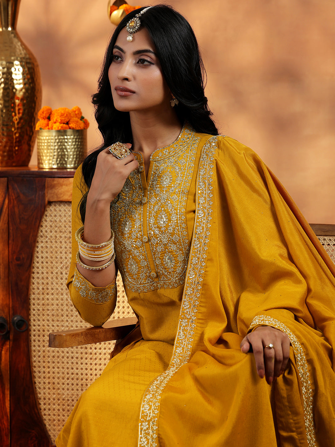  Mustard Yoke Design Silk Blend A-Line Kurta With Palazzos & Dupatta 