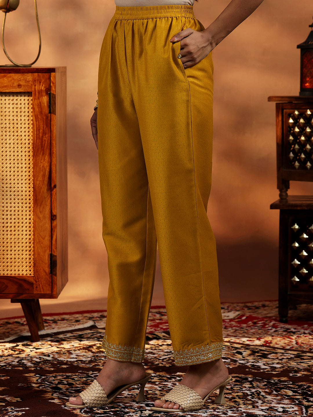  Mustard Yoke Design Silk Blend A-Line Kurta With Palazzos & Dupatta 