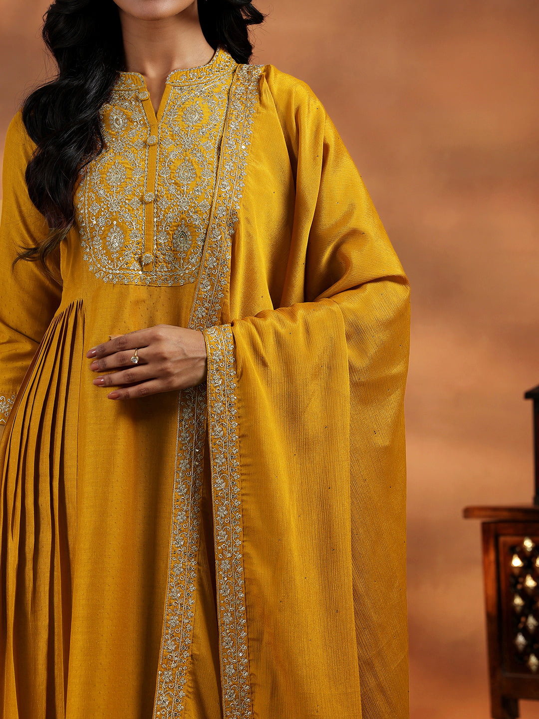  Mustard Yoke Design Silk Blend A-Line Kurta With Palazzos & Dupatta 