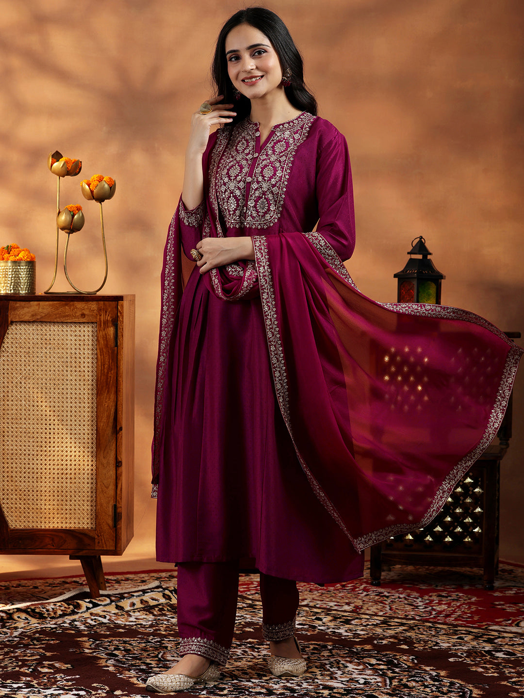  Maroon Yoke Design Silk Blend A-Line Kurta With Palazzos & Dupatta 