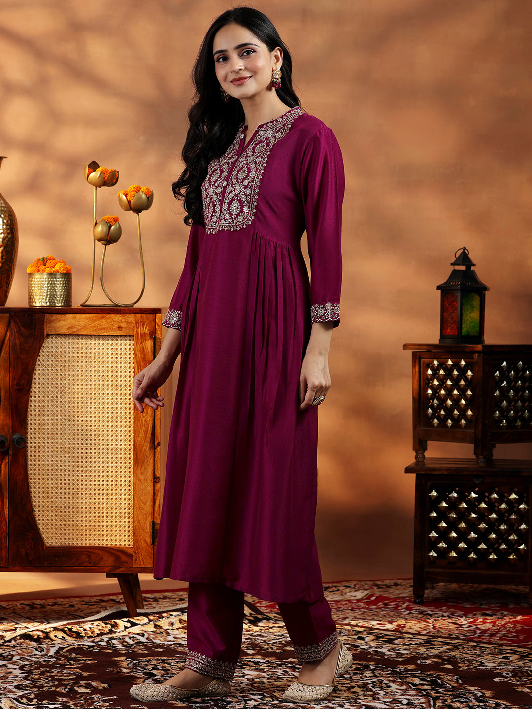  Maroon Yoke Design Silk Blend A-Line Kurta With Palazzos & Dupatta 