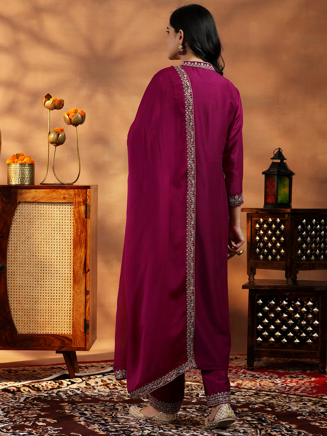  Maroon Yoke Design Silk Blend A-Line Kurta With Palazzos & Dupatta 