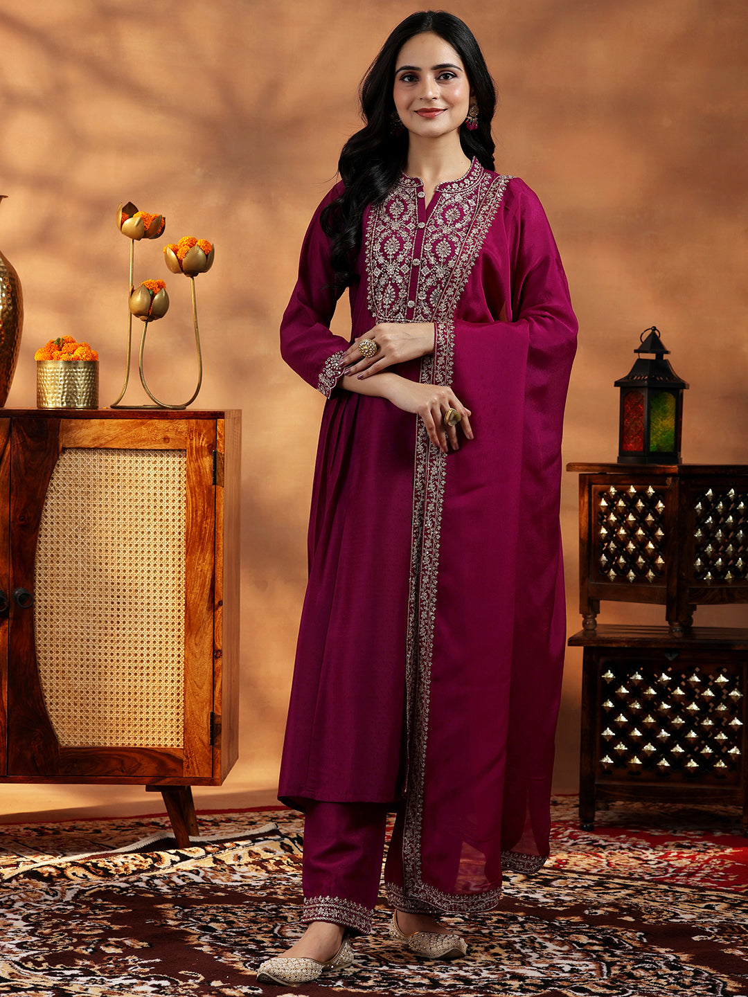  Maroon Yoke Design Silk Blend A-Line Kurta With Palazzos & Dupatta 