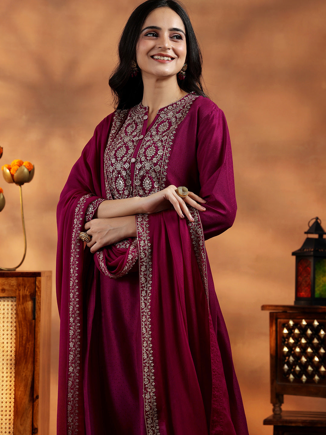  Maroon Yoke Design Silk Blend A-Line Kurta With Palazzos & Dupatta 