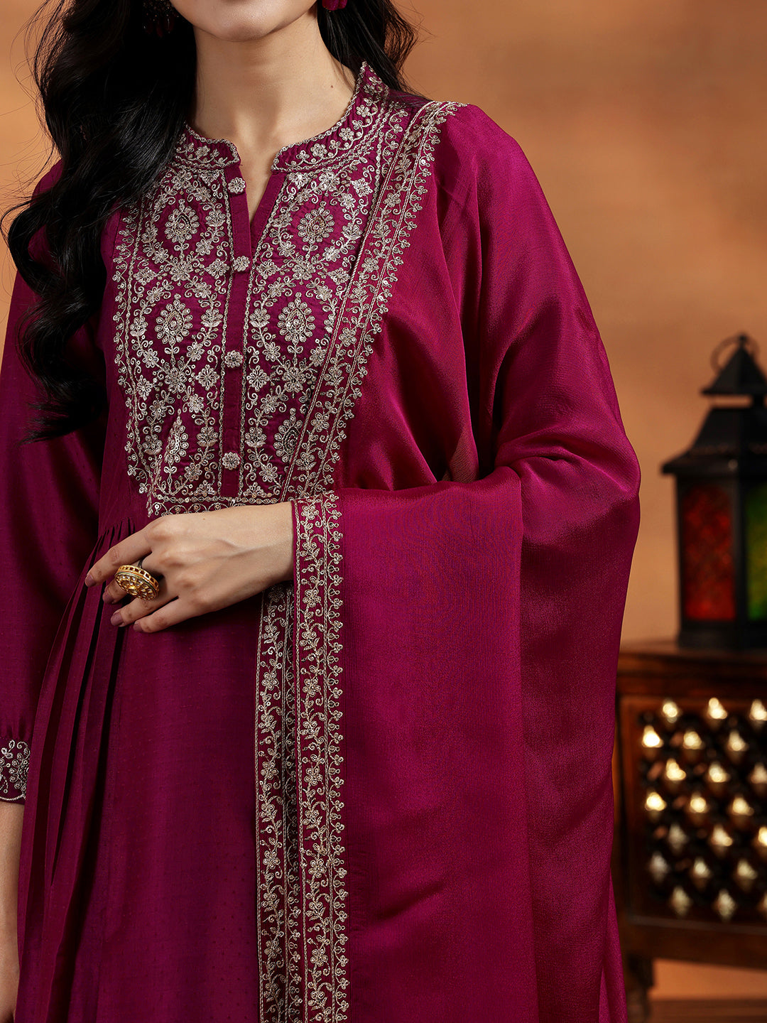  Maroon Yoke Design Silk Blend A-Line Kurta With Palazzos & Dupatta 