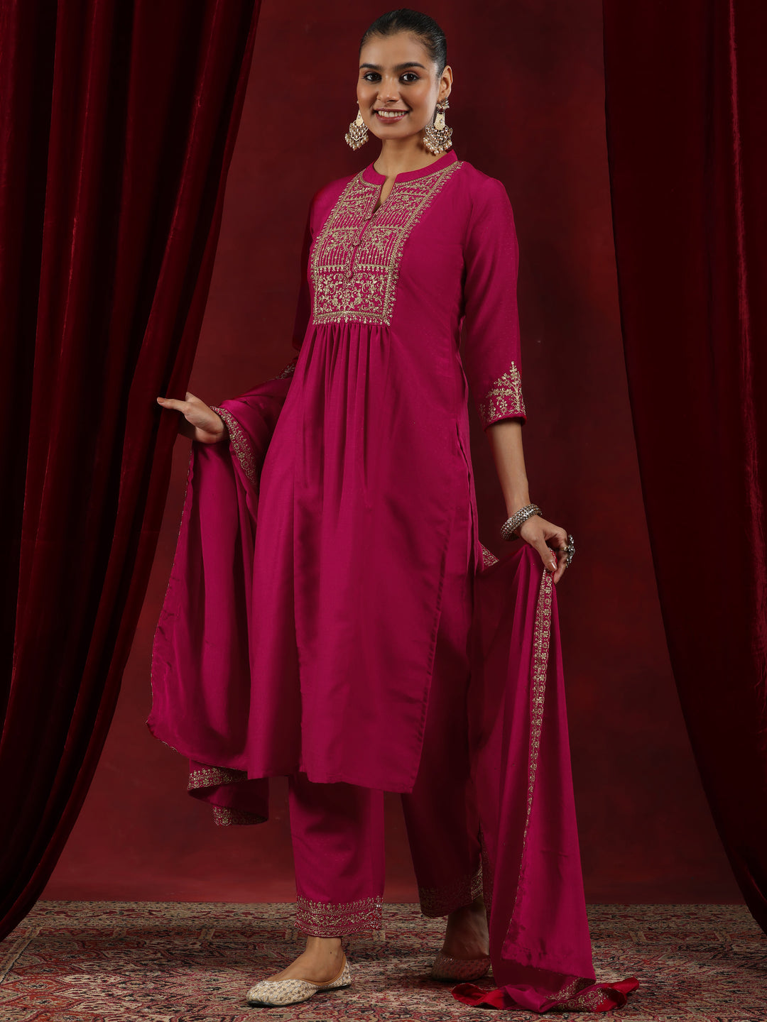  Pink Yoke Design Silk Blend A-Line Kurta With Palazzos & Dupatta 