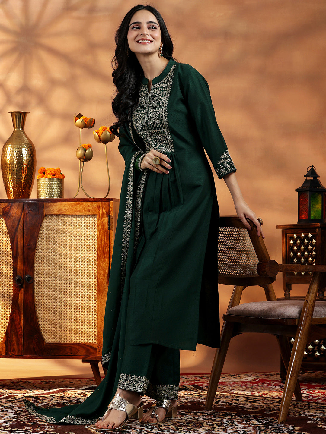  Green Yoke Design Silk Blend A-Line Kurta With Palazzos & Dupatta 