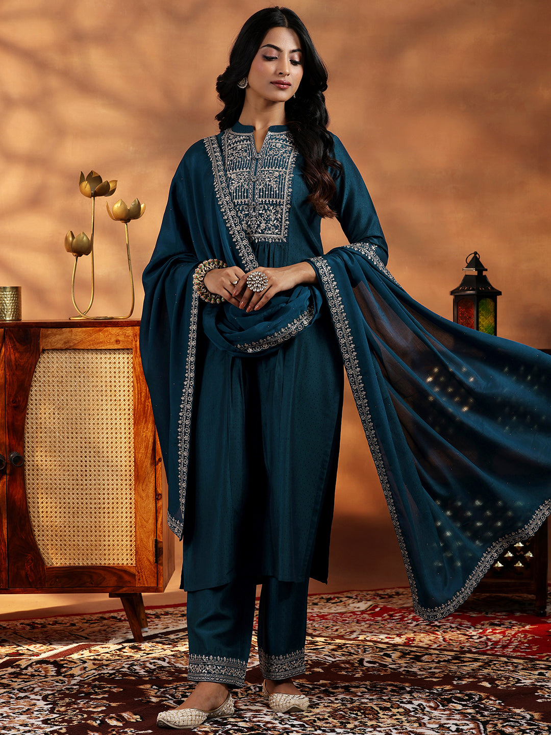  Teal Yoke Design Silk Blend A-Line Kurta With Palazzos & Dupatta 