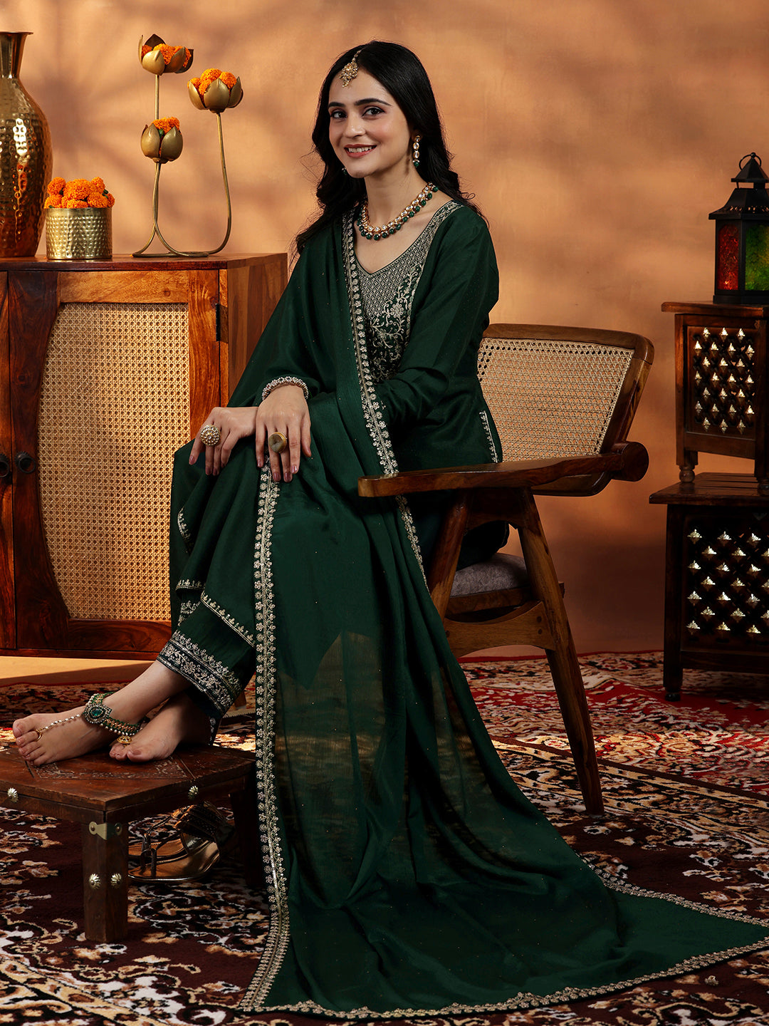  Green Yoke Design Silk Blend Straight Suit With Dupatta 