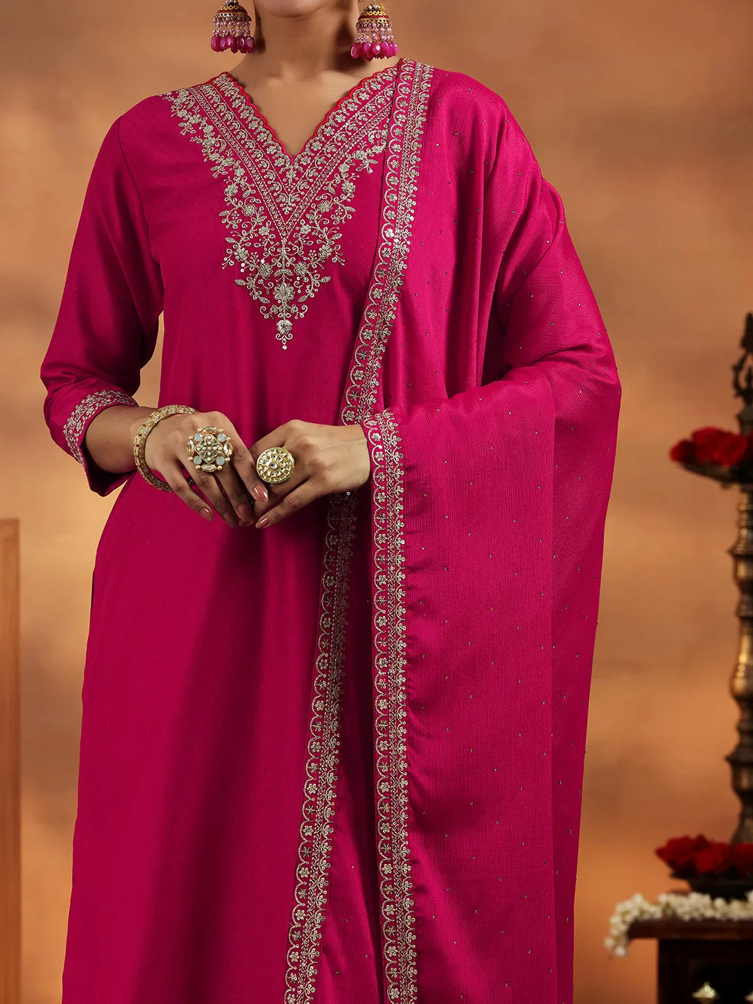  Pink Yoke Design Silk Blend Straight Suit With Dupatta 