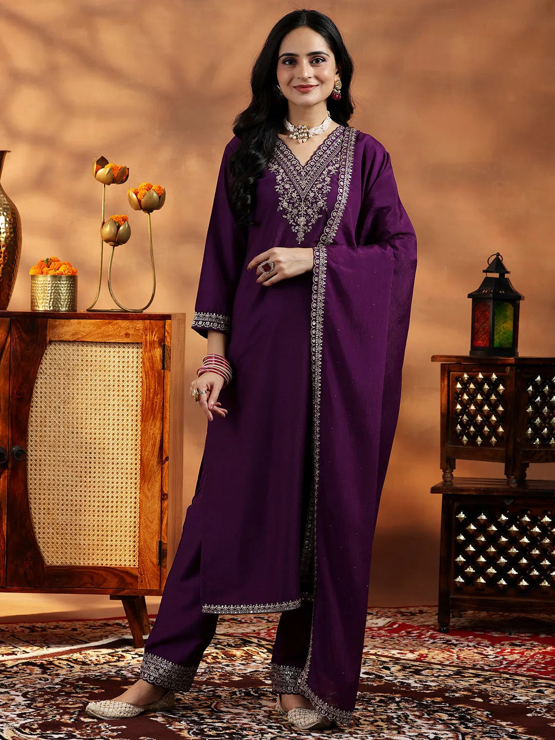  Wine Yoke Design Silk Blend Straight Suit With Dupatta 