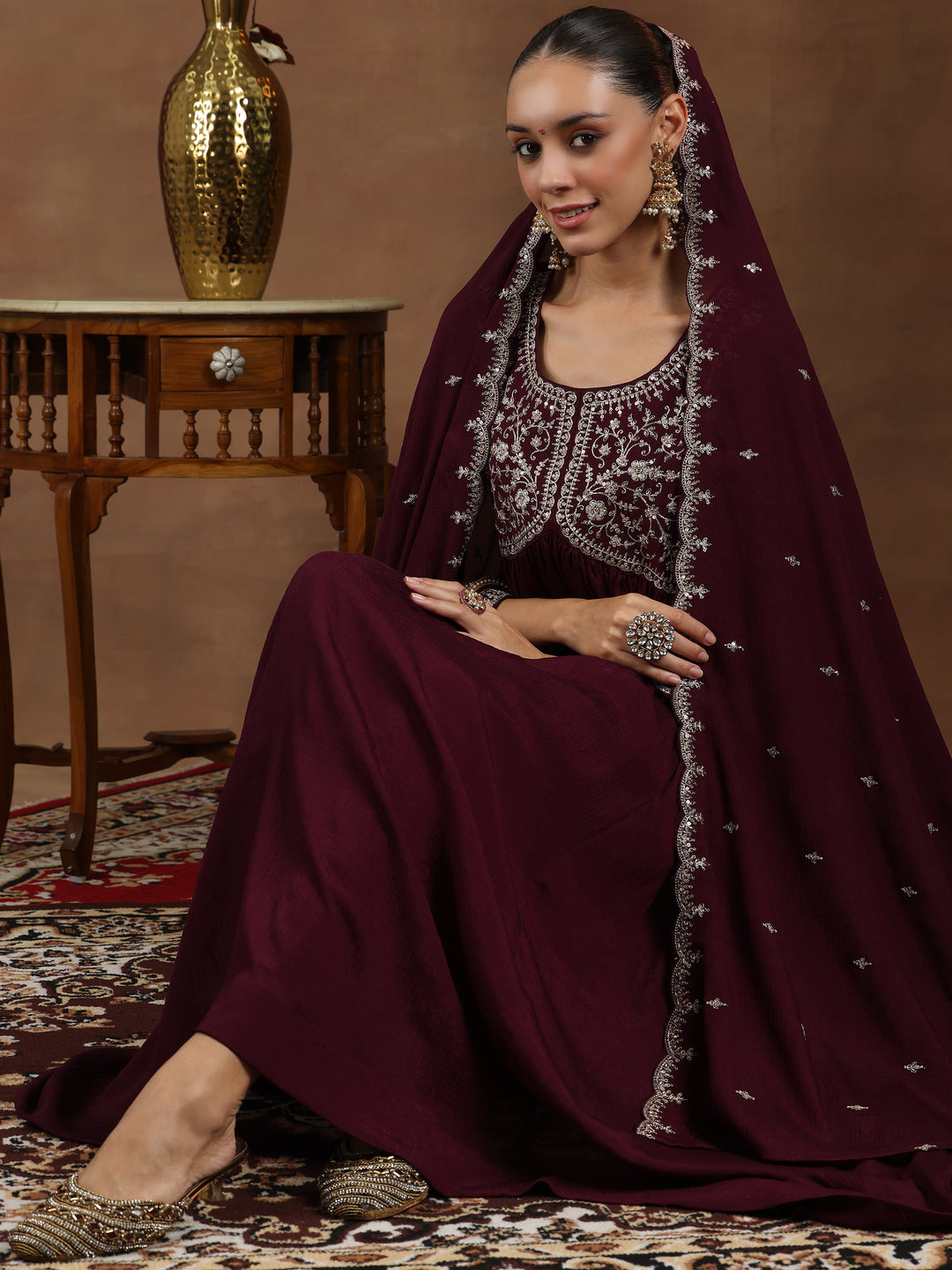  Wine Yoke Design Silk Blend A-Line Kurta With Trousers & Dupatta 