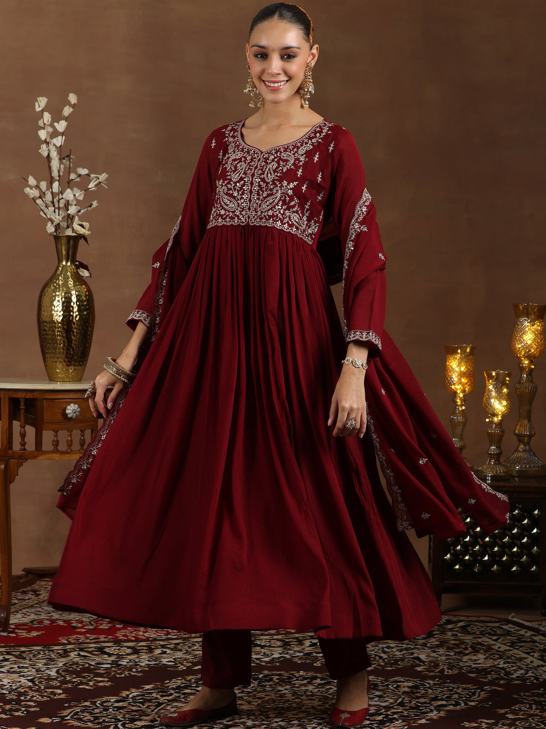  Maroon Yoke Design Silk Blend A-Line Kurta With Trousers & Dupatta 