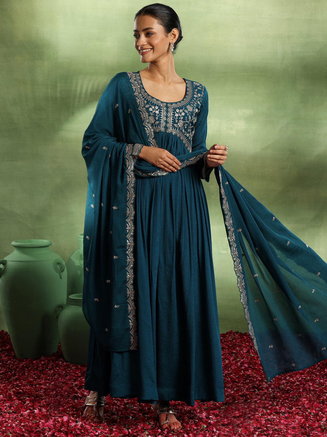  Teal Yoke Design Silk Blend A-Line Kurta With Trousers & Dupatta 