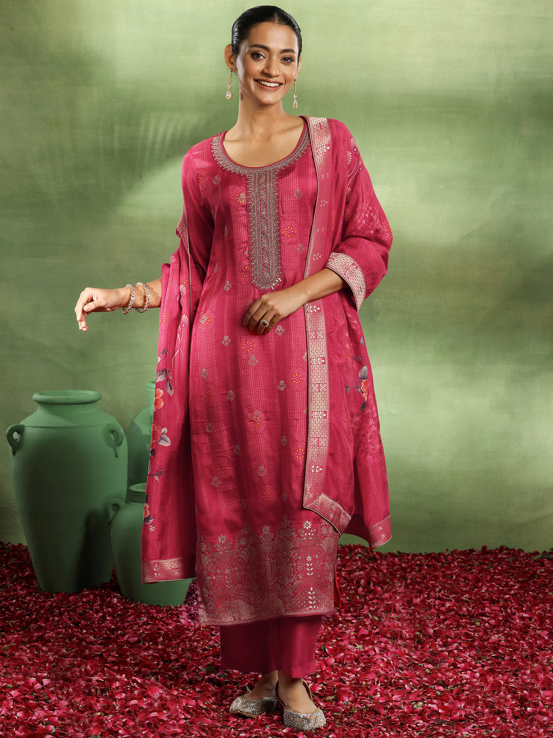 Pink Woven Design Silk Blend Straight Suit With Dupatta