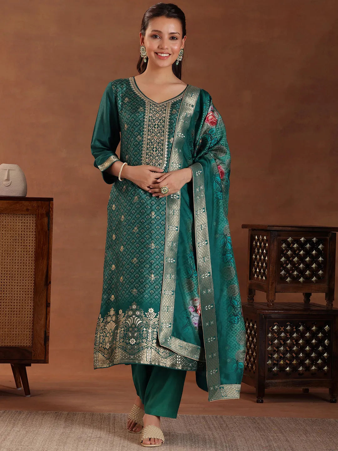  Green Printed Silk Blend Straight Suit With Dupatta 