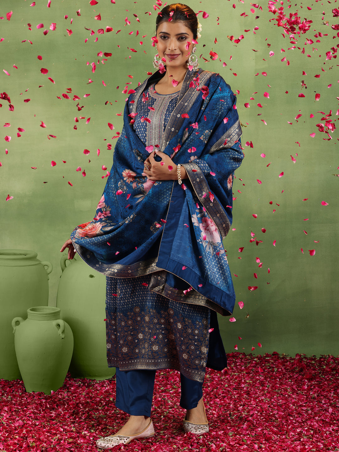  Blue Printed Silk Blend Straight Suit With Dupatta 