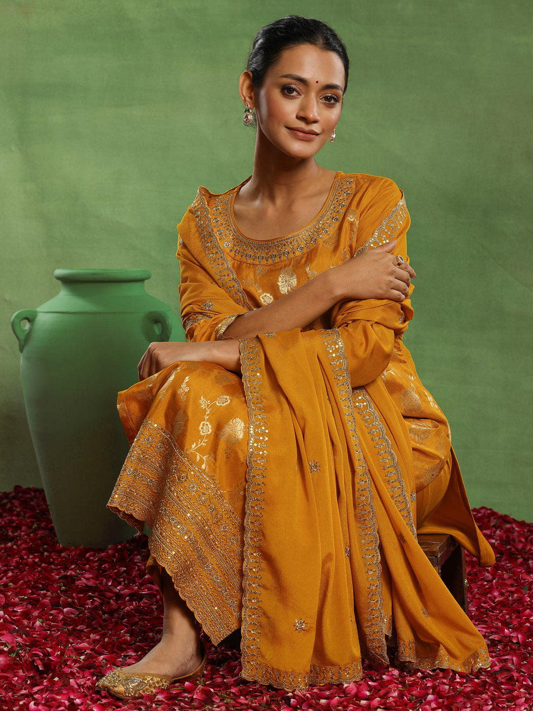  Mustard Woven Design Silk Blend Straight Suit With Dupatta 