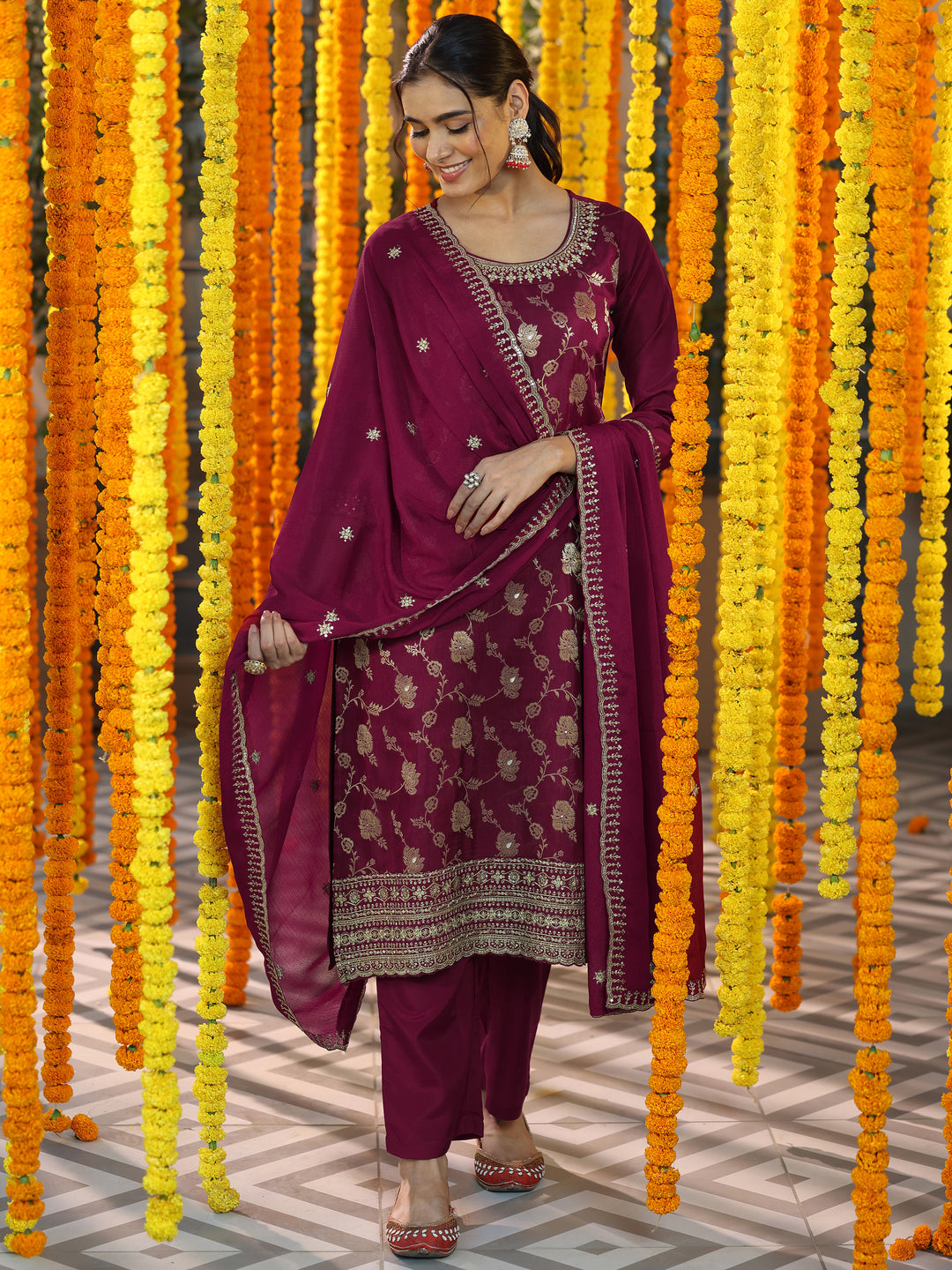 Maroon Woven Design Silk Blend Straight Suit With Dupatta