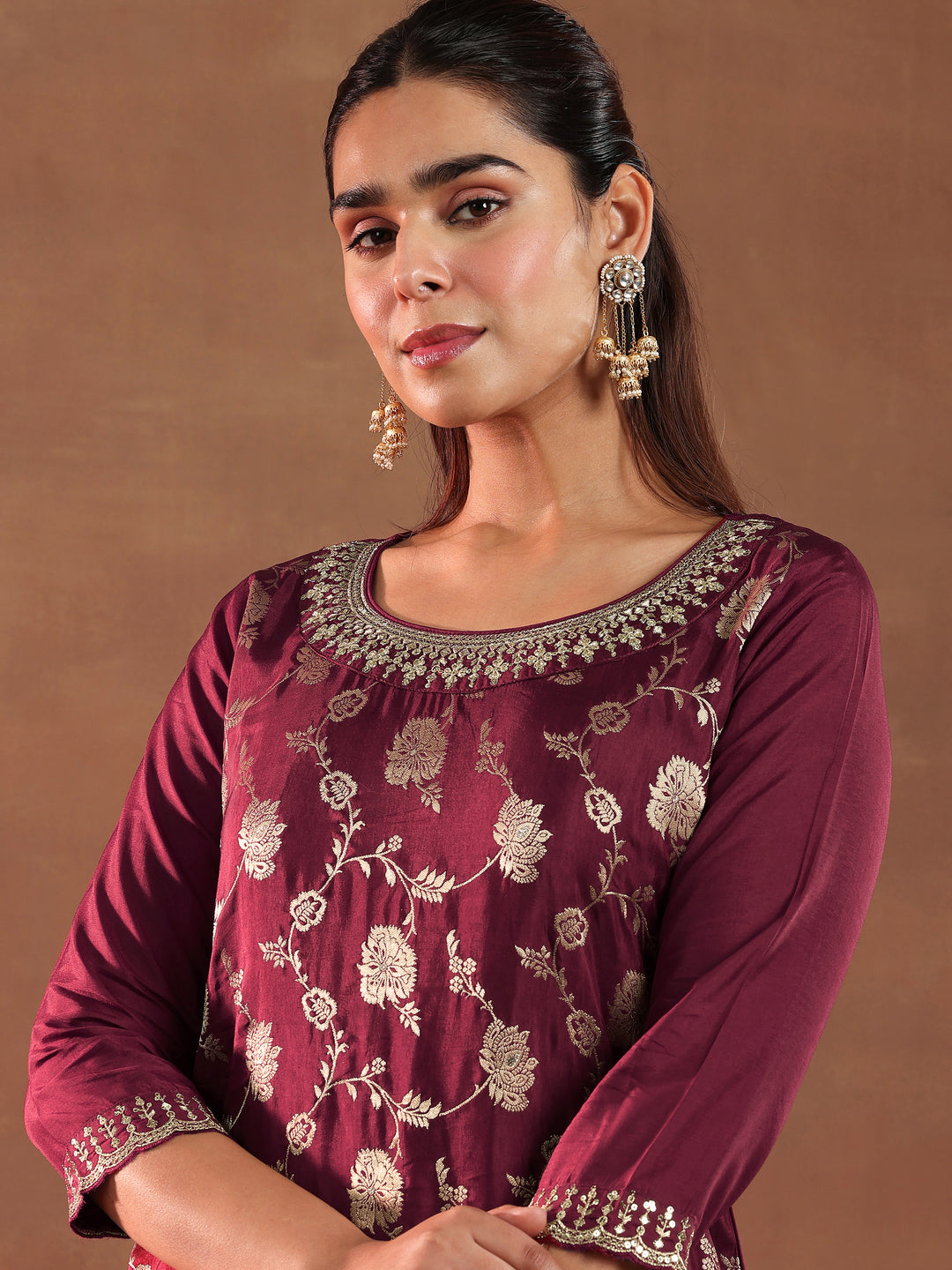  Maroon Woven Design Silk Blend Straight Suit With Dupatta 