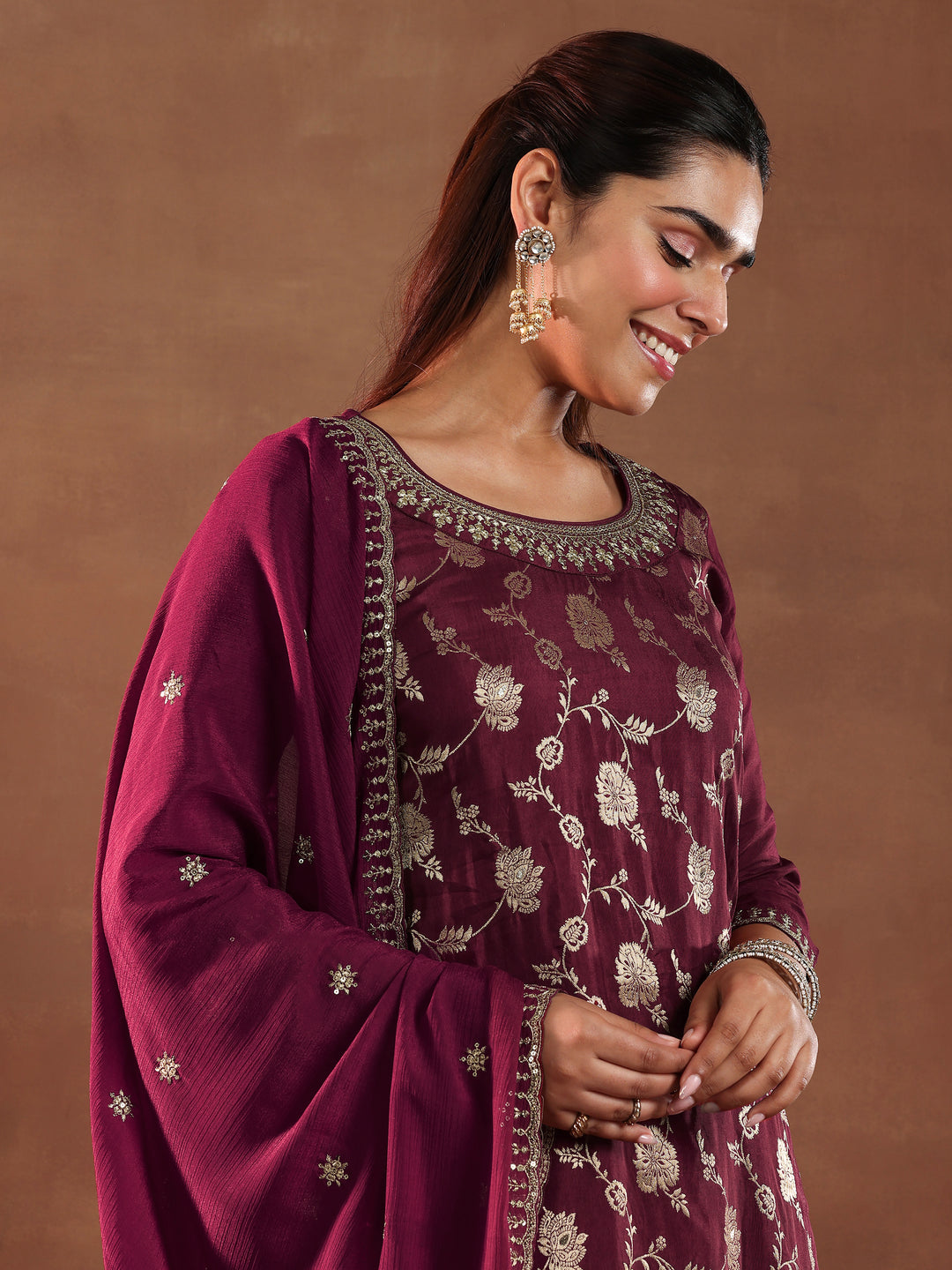  Maroon Woven Design Silk Blend Straight Suit With Dupatta 