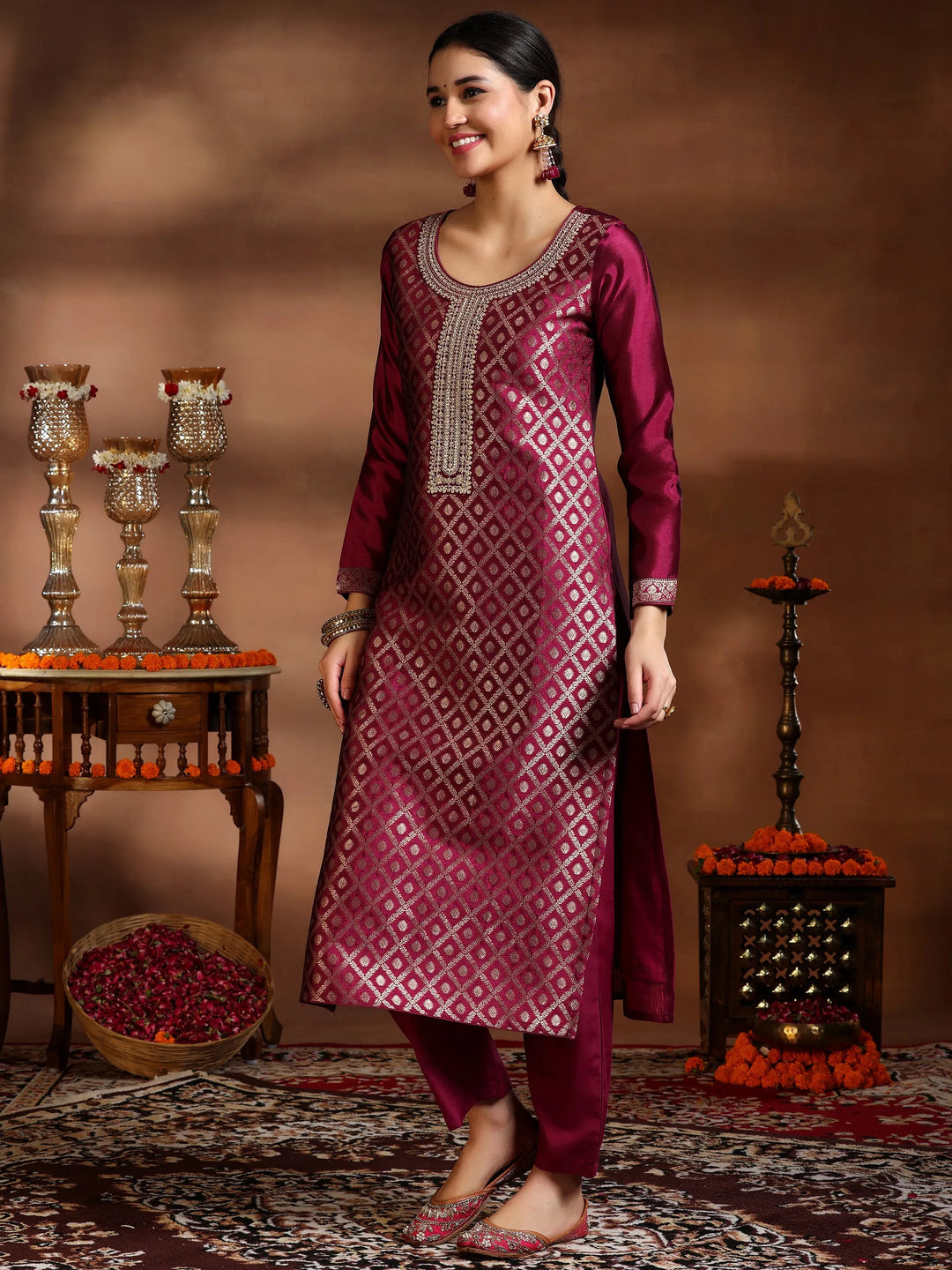  Magenta Woven Design Silk Blend Straight Suit With Dupatta 