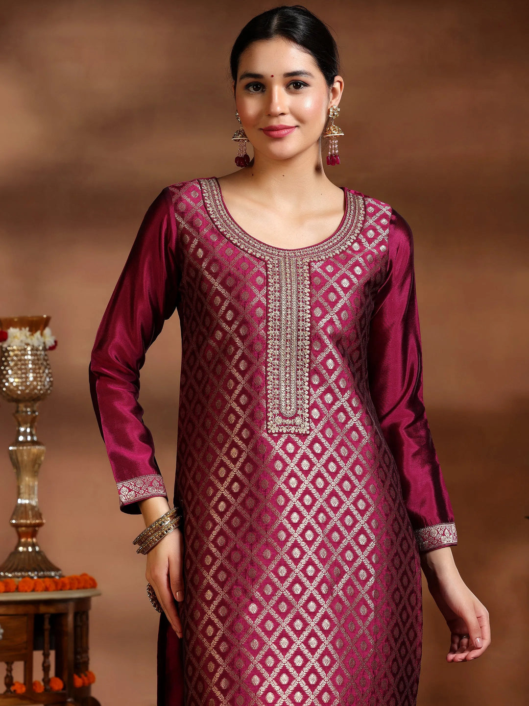  Magenta Woven Design Silk Blend Straight Suit With Dupatta 