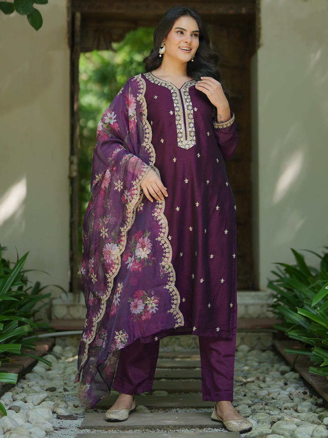 Wine Embroidered Silk Blend Straight Suit With Dupatta