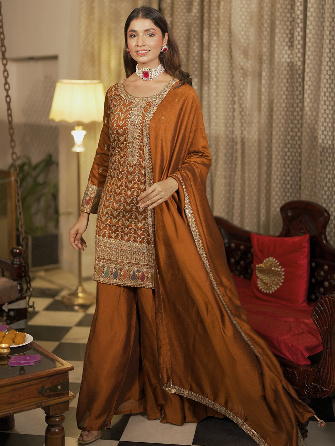  Adaa Rust Embroidered Silk Blend Straight Kurta With Palazzos & Dupatta 