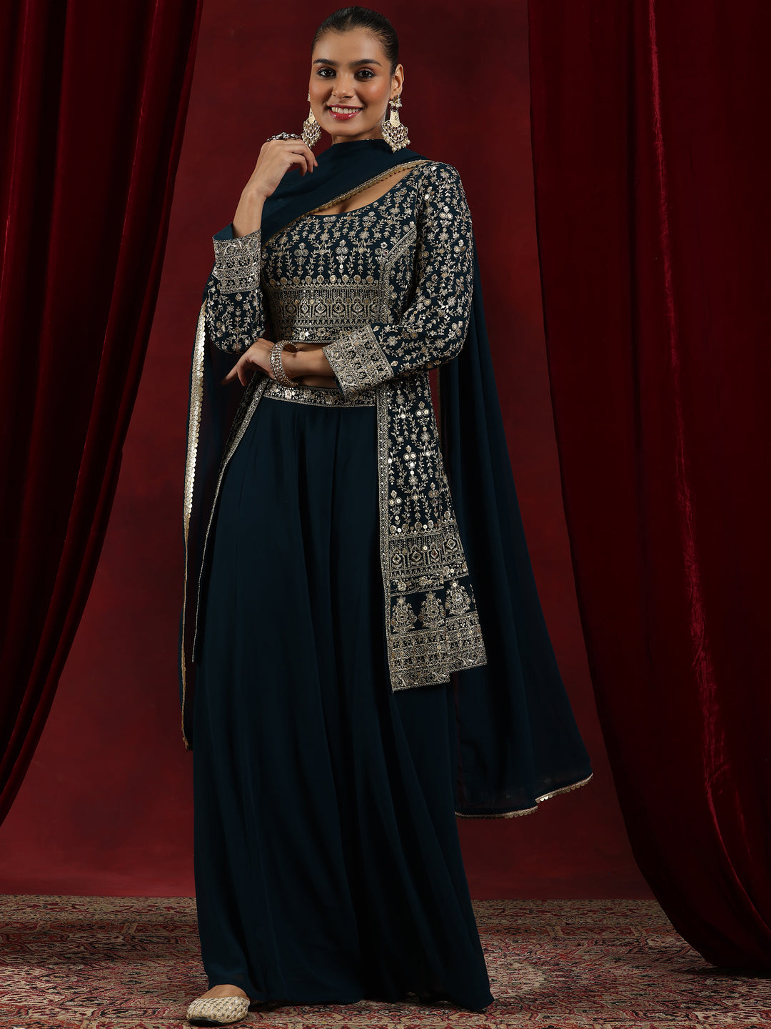 Libas Art Blue Embroidered Georgette A-Line Kurta With Palazzos & Dupatta