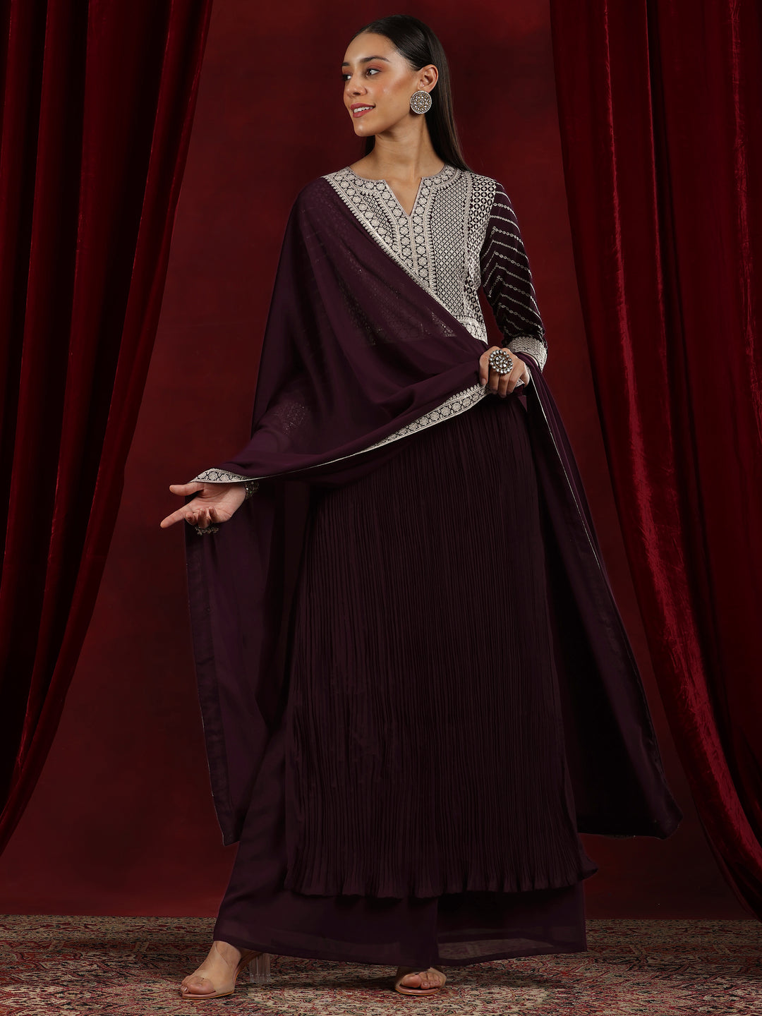 Libas Art Wine Embroidered Georgette A-Line Kurta With Palazzos & Dupatta