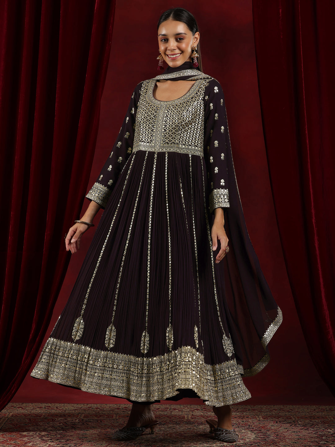  Libas Art Wine Embroidered Georgette A-Line Kurta With Trousers & Dupatta 