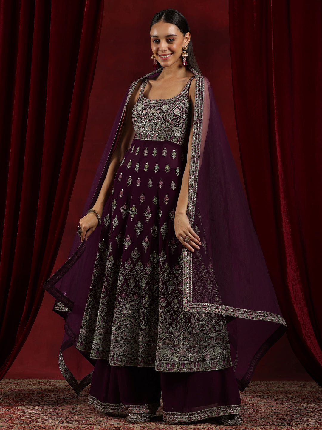 Libas Art Wine Embroidered Georgette A-Line Kurta With Palazzos & Dupatta