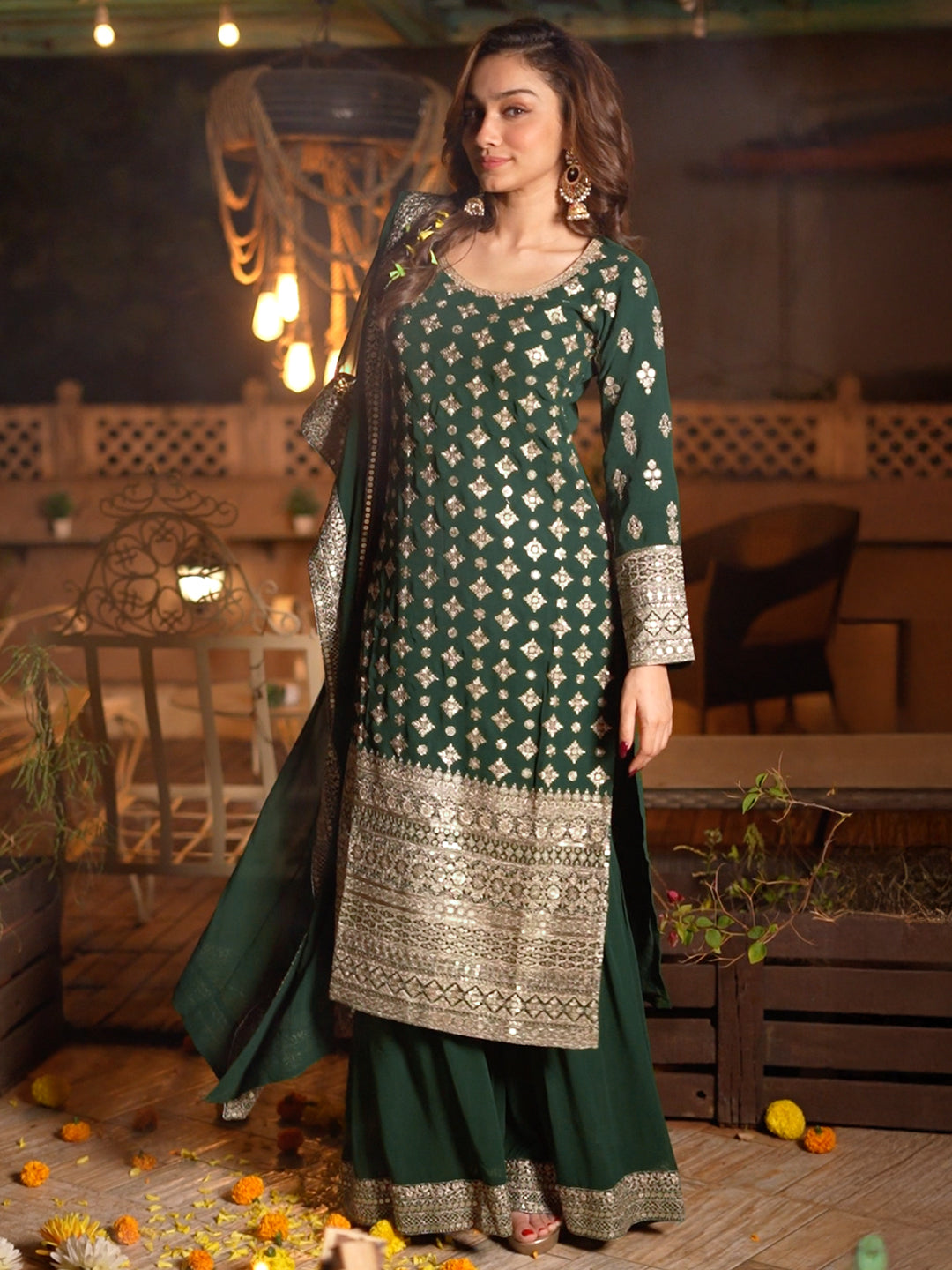  Libas Art Green Embroidered Georgette Straight Suit With Dupatta 