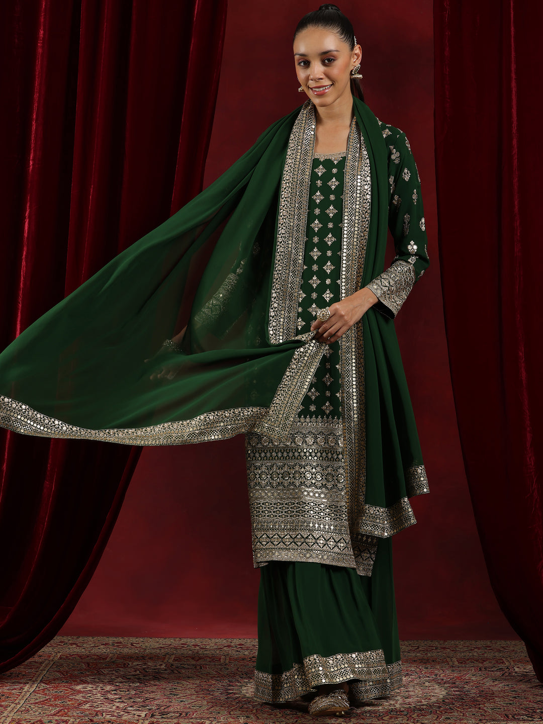  Libas Art Green Embroidered Georgette Straight Suit With Dupatta 