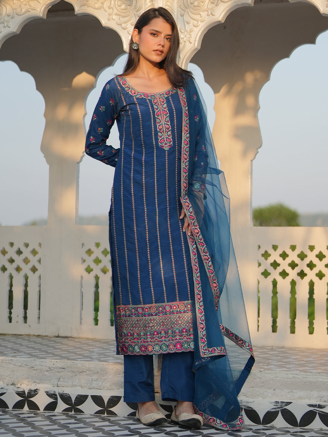  Libas Art Blue Embroidered Silk Blend Straight Suit With Dupatta 